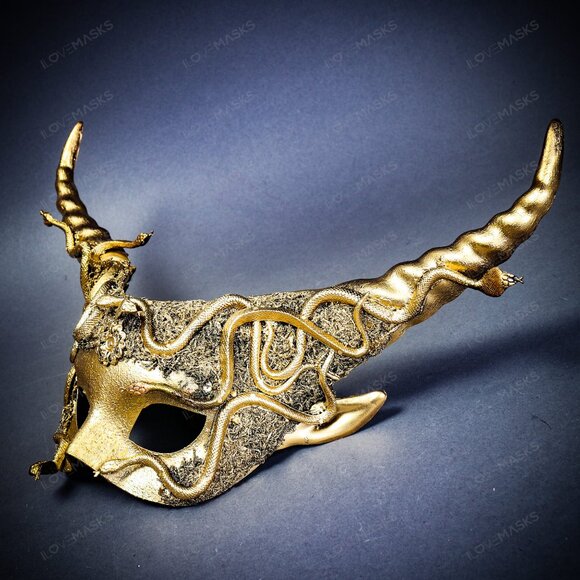 Gold Halloween Krampus Horn Woodland Medusa Snake Animal Devil Masquerade Mask - Picture 2 of 5